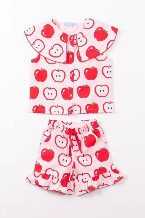 Miniğimin Cicileri Elma Desenli Fırfır Detaylı Kız Çocuk Şortlu 2’li Takım - Kırmızı