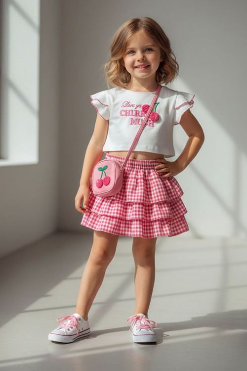 Miniğimin Cicileri Kiraz Baskılı Ekose Kat Kat Etekli Kız Çocuk 2’li Yazlık Takım - Pembe