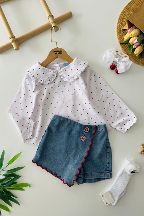 Miniğimin Cicileri Kalp Baskılı Gömlekli Kız Çocuk Kiraz Kot Şort Etekli Kız Çocuk 2 li Takım - Beyaz