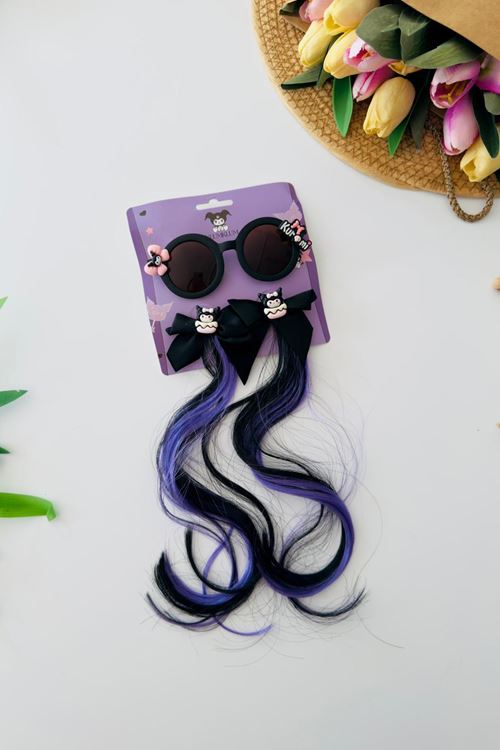 Miniğimin Cicileri Postiş Saç Tokalı Güneş Gözlüklü 3 parça Toka Seti - Siyah