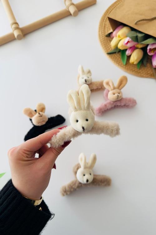 Miniğimin Cicileri Tavşan Figürlü Kız Çocuk Peluş Mandal Toka - Krem