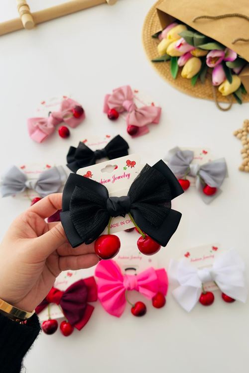 Miniğimin Cicileri Fiyonklu Kiraz Detaylı Kız Çocuk Bağlama Toka - Siyah