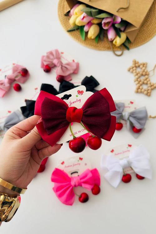 Miniğimin Cicileri Fiyonklu Kiraz Detaylı Kız Çocuk Bağlama Toka - Bordo