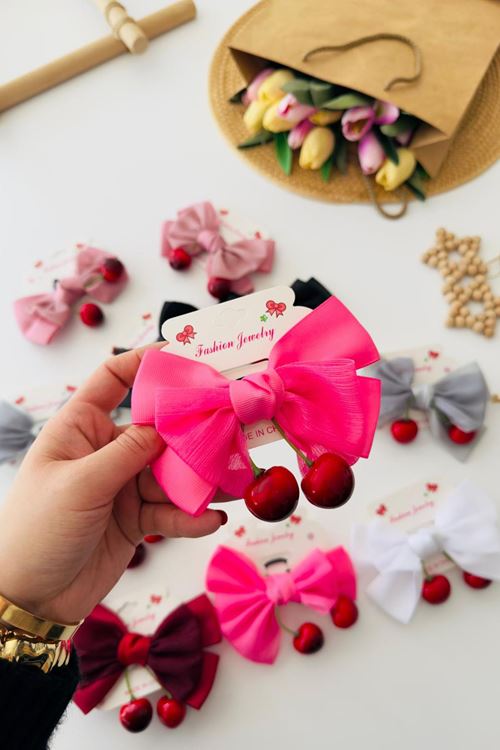 Miniğimin Cicileri Fiyonklu Kiraz Detaylı Kız Çocuk Bağlama Toka - Fuşya