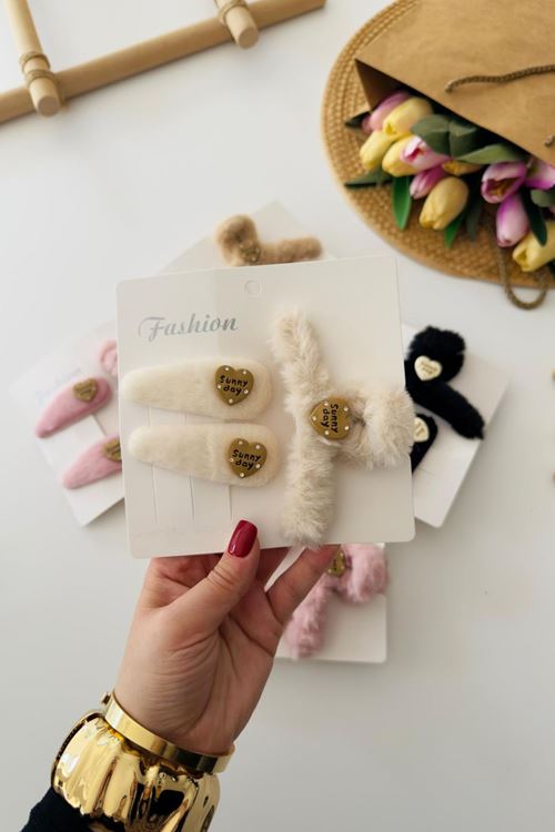 Miniğimin Cicileri Sunday Peluş Mandal toka 3 lü Set - Krem