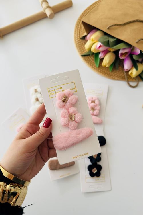 Miniğimin Cicileri Peluş Çiçek Detaylı Baby Yazılı Kız Çocuk Pens Toka Seti 3 lü - Pembe