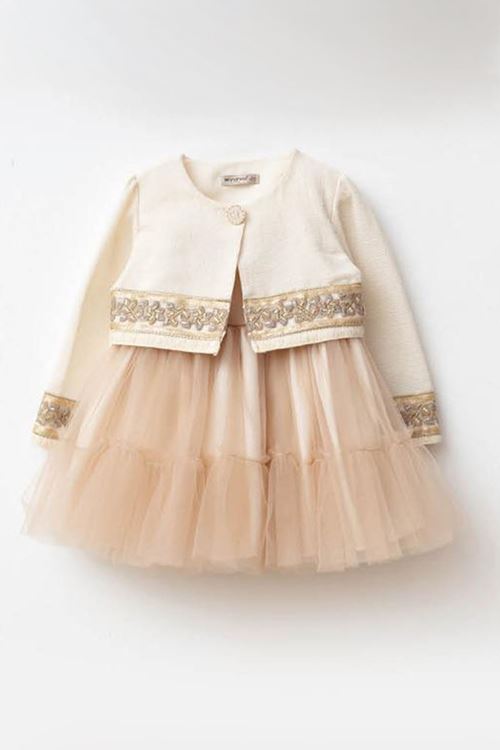 Miniğimin Cicileri Gold Şerit Detaylı Tül Etekli Kız Bebek Elbise - Bej