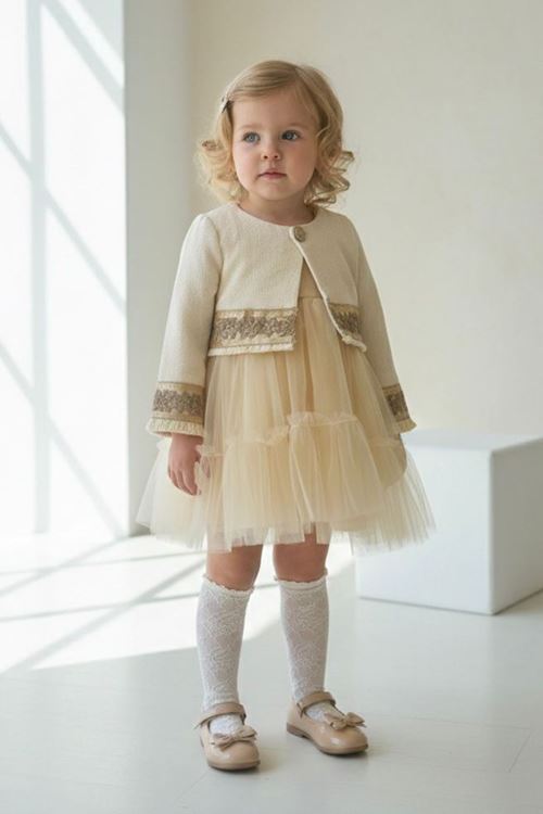 Miniğimin Cicileri Gold Şerit Detaylı Tül Etekli Kız Bebek Elbise - Krem