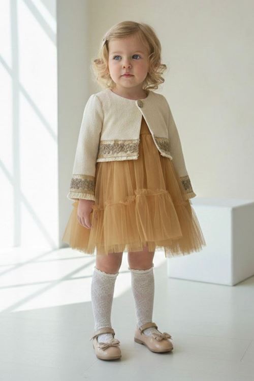 Miniğimin Cicileri Gold Şerit Detaylı Tül Etekli Kız Bebek Elbise - Kahverengi