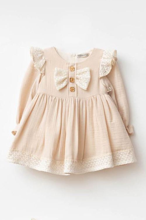 Miniğimin Cicileri Fiyonk Şerit Detaylı Müslin Kız Bebek Elbise - Sütlü Kahve