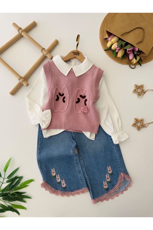 Miniğimin Cicileri Ponpon Detaylı Triko Gömlekli 3 lü Takım - Pembe