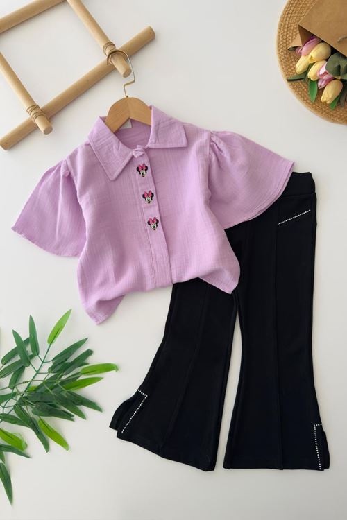 Miniğimin Cicileri Mnn İşleme Detaylı Müslin Gömlekli Kız Çocuk 2 li Takım - Lila