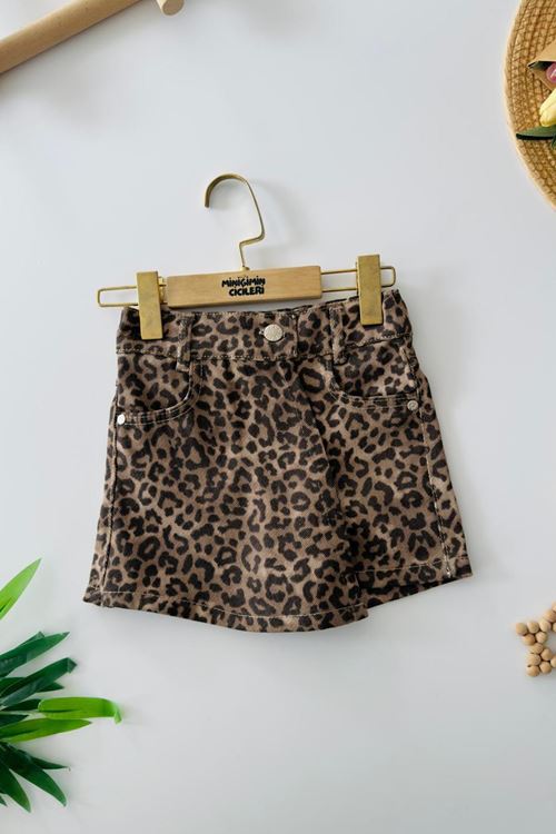 Miniğimin Cicileri Kız Çocuk Leopar Desenli Kot Şort Etek - Kahverengi