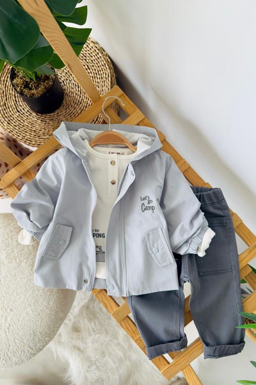 Miniğimin Cicileri Kapüşonlu Fermuarlı Cepli Ceketli Basic Sweatshirtlü Erkek Bebek 3’lü Takım - Gri