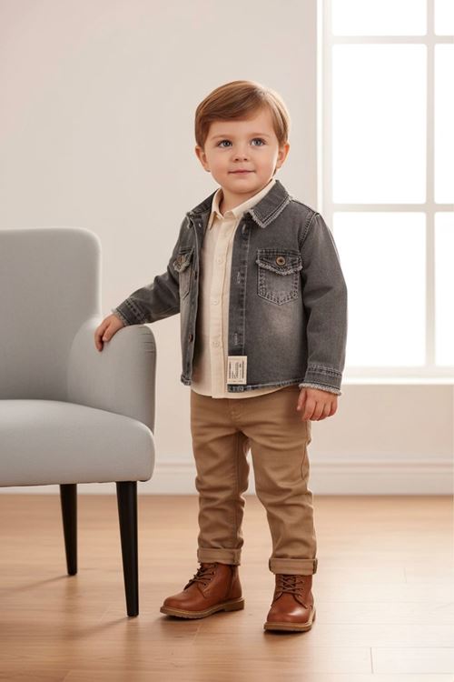 Miniğimin Cicileri Pamuk Keten Ceketli Cepli Erkek Çocuk 3 lü takım - Füme