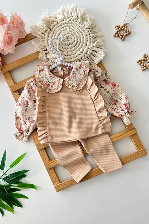 Miniğimin Cicileri Yaka Kol Gül Desenli Kız Bebek 2 li Takım - Kahve Köpüğü