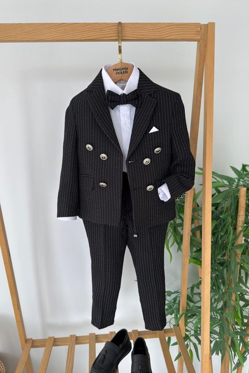 Miniğimin Cicileri Çizgili Kruvaze Ceketli Papyonlu Erkek Çocuk Takım - Siyah