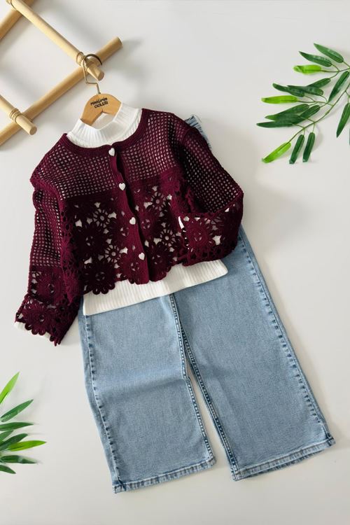 Miniğimin Cicileri (8-12 Yaş) Dantel Örgü Hırkalı Bol Paça Kot Pantolonlu Kız Çocuk 3 lü Kombin Takım - Bordo