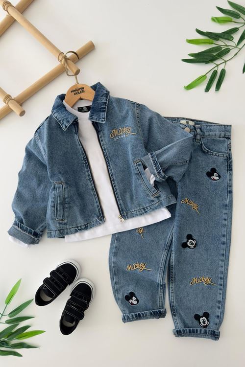 Miniğimin Cicileri Mcky İşlemeli Erkek Çocuk 3 lü Kot Spor Takım - Mavi