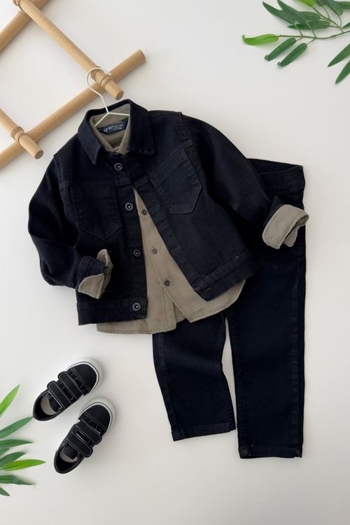 Miniğimin Cicileri Esnek Kot Ceketli Gömlekli Erkek Çocuk 3’lü Takım - Yeşil