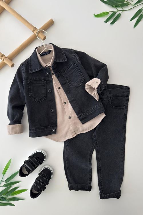 Miniğimin Cicileri Esnek Kot Ceketli Gömlekli Erkek Çocuk 3’lü Takım - Taş