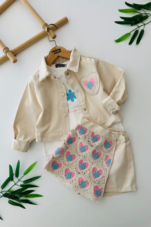 Miniğimin Cicileri Örgü Çiçek Desenli Şort Etekli 3 lü Takım - Pembe