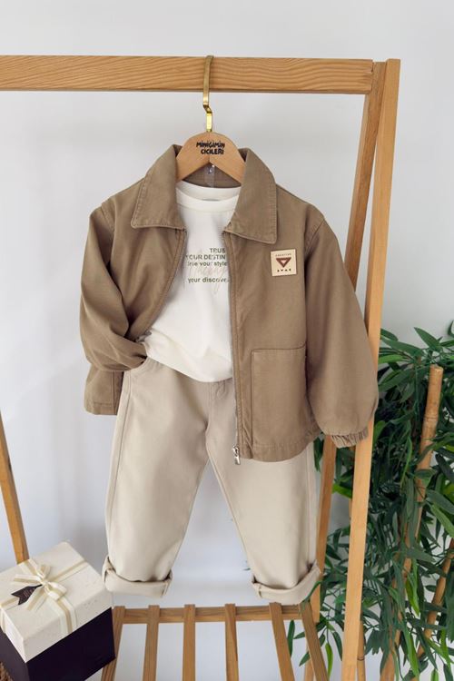 Miniğimin Cicileri Naturel Fermuarlı Ceketli Basic Tişörtlü Erkek Çocuk 3’lü Kombin Takım - Küf Yeşili
