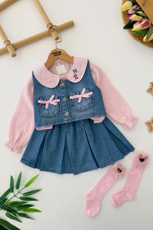 Miniğimin Cicileri Yaka Nakış Detaylı Pamuk Gömlekli Kot Cepkenli Kız Çocuk 3 lü Takım - Pembe