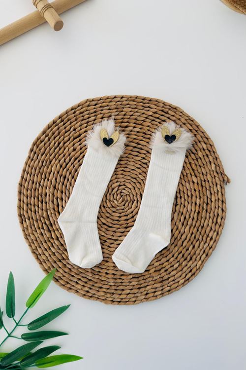 Miniğimin Cicileri Kalp Tüy Detaylı Kız Çocuk Diz Altı Çorap - Krem