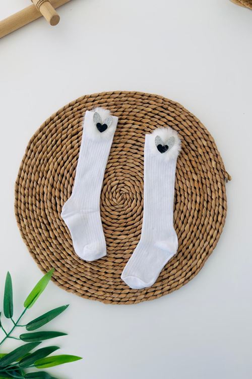 Miniğimin Cicileri Kalp Tüy Detaylı Kız Çocuk Diz Altı Çorap - Beyaz