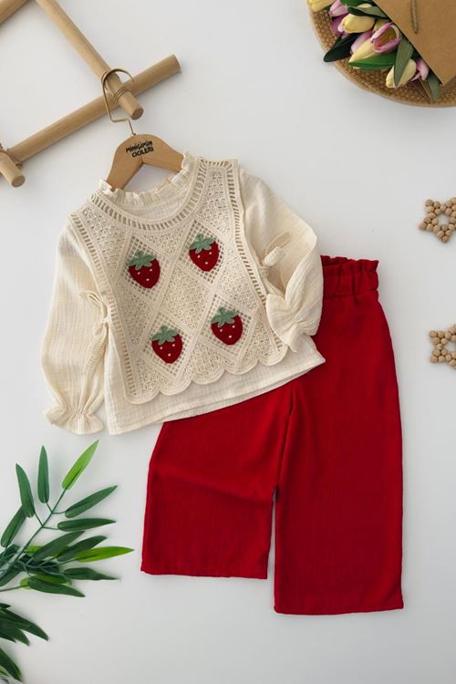 Miniğimin Cicileri Çilek Süveterli 3 lü Kız Çocuk Takım - Kırmızı