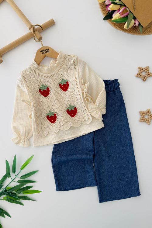 Miniğimin Cicileri Çilek Süveterli 3 lü Kız Çocuk Takım - Lacivert