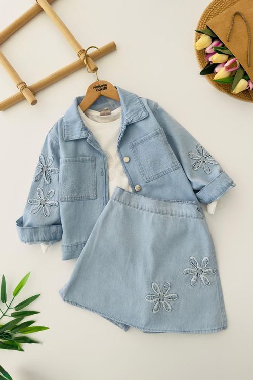Miniğimin Cicileri Papatya Nakışlı Kot Ceketli Etekli Kız Çocuk 3’lü Jean Takım - Açık Mavi
