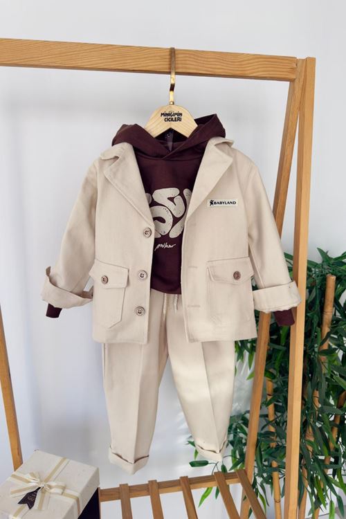 Miniğimin Cicileri Babyland Ceketli Erkek Çocuk 3’lü Kombin Takım - Krem