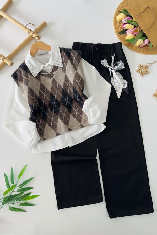 Miniğimin Cicileri İnci Yaka Detaylı Baklava Desen Süveterli Gömlekli Kız Çocuk 3 lü Takım - Siyah