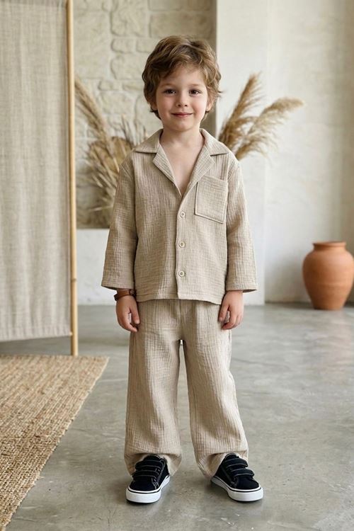 Miniğimin Cicileri Müslin Gömlek Yakalı Basic Pantolonlu Erkek Çocuk 2’li Takım - Bej