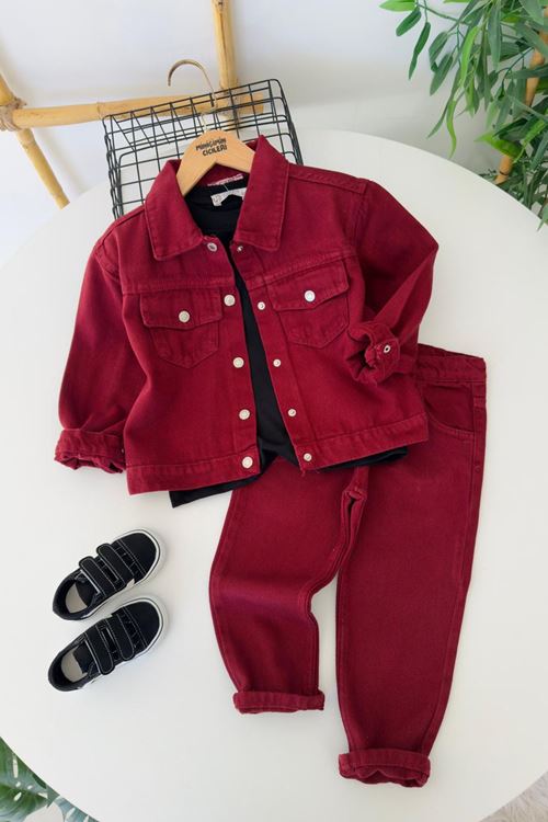 Miniğimin Cicileri Basic Tişörtlü Kot Ceketli Erkek Çocuk 3’lü Kombin Takım - Bordo