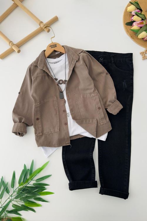 Miniğimin Cicileri Kolyeli Gömlekli 4 lü Erkek Çocuk Takım - Vizon