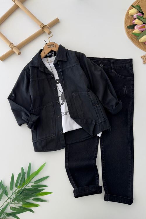 Miniğimin Cicileri Kolyeli Gömlekli 4 lü Erkek Çocuk Takım - Siyah