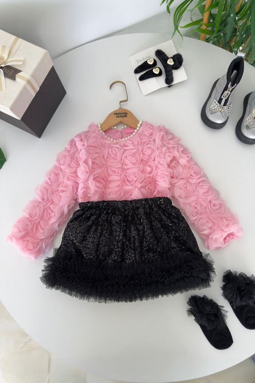 Miniğimin Cicileri Payet Etekli Gül Detaylı Kız Çocuk 2 li Takım - Pembe