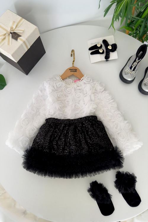 Miniğimin Cicileri Payet Etekli Gül Detaylı Kız Çocuk 2 li Takım - Beyaz