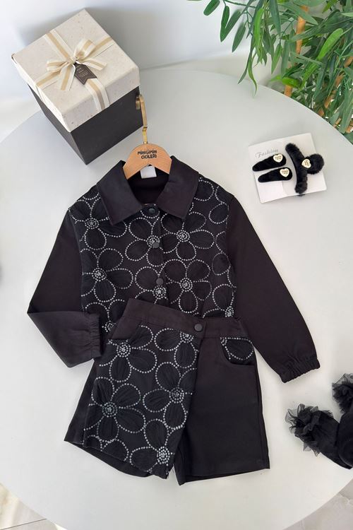 Miniğimin Cicileri Papatya Pul Payet Detaylı Şort Etekli Kız Çocuk Takım - Siyah