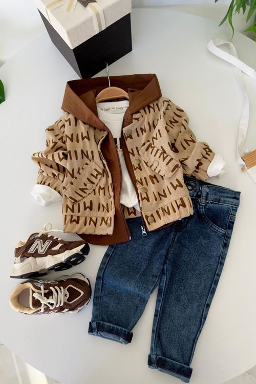 Miniğimin Cicileri Mini Baskılı Kadife 3 lü Erkek Çocuk Takım - Kahve