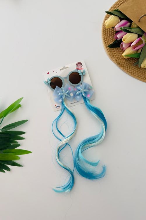 Miniğimin Cicileri Postiş Saç Tokalı Güneş Gözlüklü 3 parça Toka Seti - Mavi