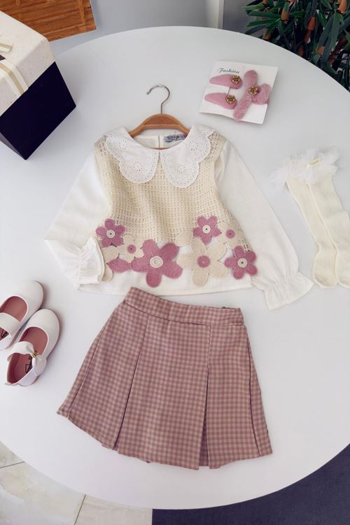 Miniğimin Cicileri Papatya Detaylı Süveterli Kız Çocuk 3 lü Takım - Pembe