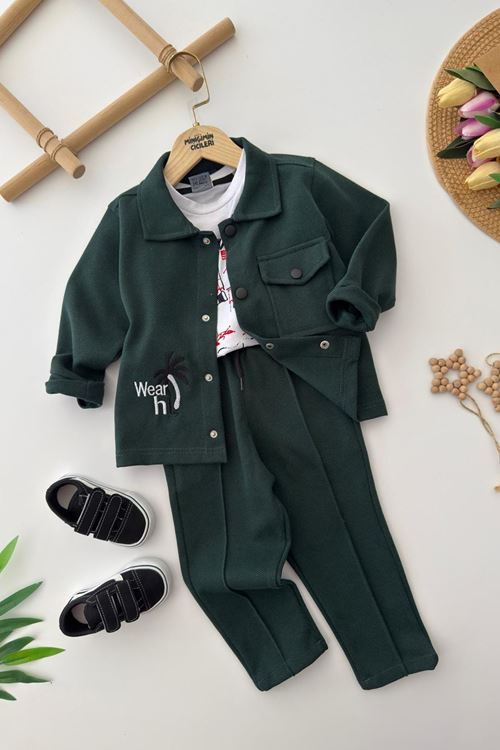 Miniğimin Cicileri Wear Palmiye Detaylı Ceketli Tişörtlü Erkek Çocuk 3’lü Kombin Takım - Yeşil