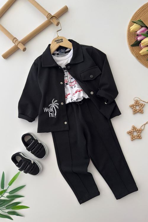 Miniğimin Cicileri Wear Palmiye Detaylı Ceketli Tişörtlü Erkek Çocuk 3’lü Kombin Takım - Siyah