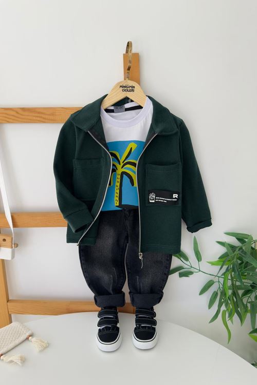 Miniğimin Cicileri Çift Cepli Ceketli Kotlu Erkek Çocuk 3 lü Takım - Yeşil