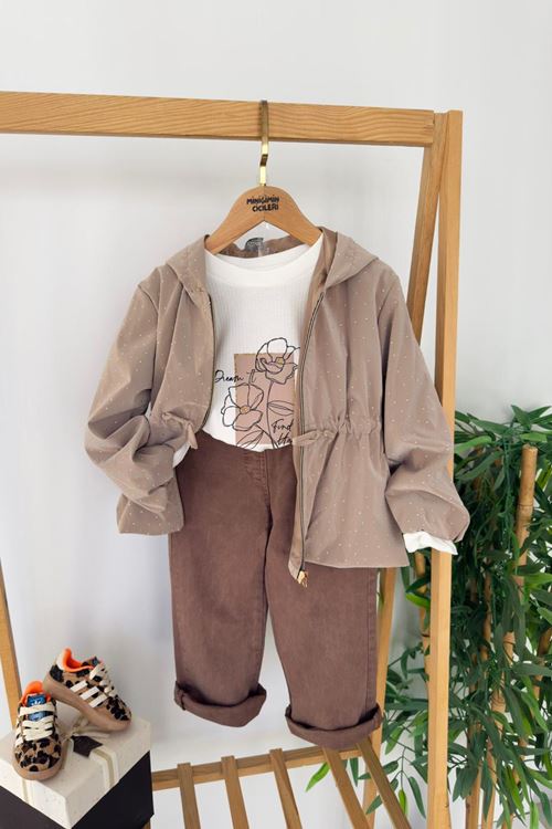 Miniğimin Cicileri Taşlı Yağmurluklu Kız Çocuk 3 lü Takım - Vizon