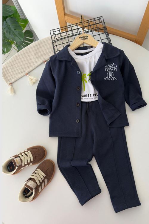 Miniğimin Cicileri Palm Nakış Detaylı Gömlek Ceketli Tişörtlü Erkek Çocuk 3’lü Kombin Takım - Lacivert